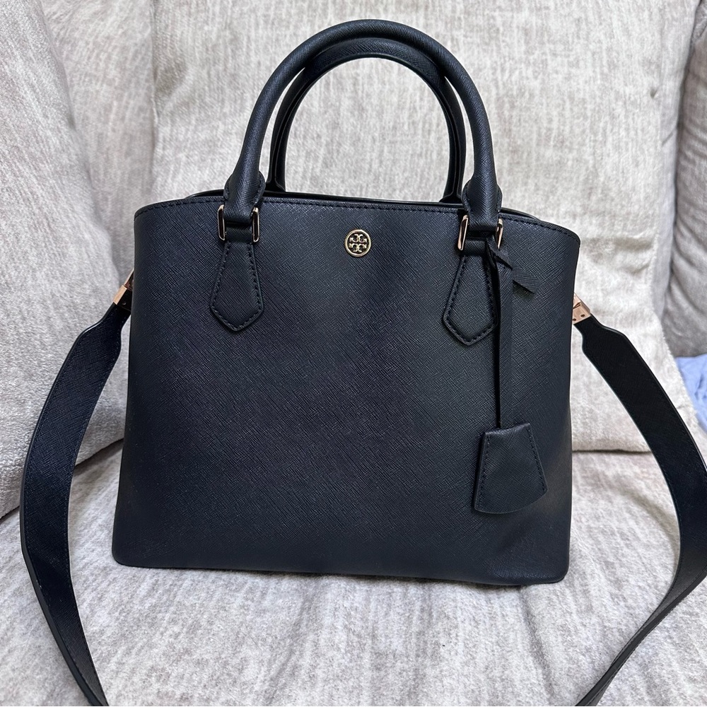 Tory Burch Robinson Medium Triple Compartment Black Leather Tote Bag - Picture 3 of 16